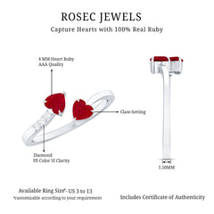 Real Heart Shape Ruby Toi Et Moi Promise Ring with Diamond