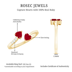 Real Heart Shape Ruby Toi Et Moi Promise Ring with Diamond