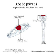 Natural Ruby Heart Promise Ring with Diamond Crossover Shank