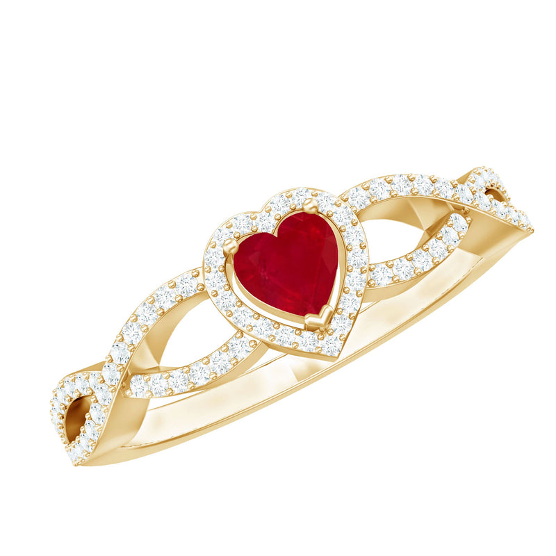 Natural Ruby Heart Promise Ring with Diamond Crossover Shank