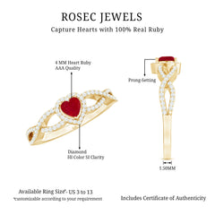 Natural Ruby Heart Promise Ring with Diamond Crossover Shank