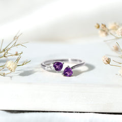 Heart Shape Amethyst and Diamond Two Stone Wrap Ring