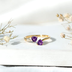 Heart Shape Amethyst and Diamond Two Stone Wrap Ring