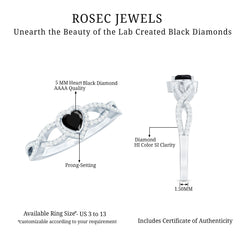 Lab Grown Black Diamond Heart Engagement Ring with Criss Cross Shank