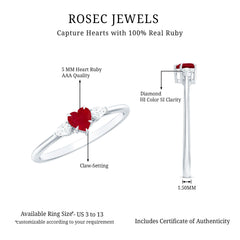 Natural 0.6 Carat Heart Shape Ruby Diamond 3 Stone Promise Ring