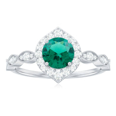 Lab Created Emerald Vintage Style Engagement Ring With Diamonds