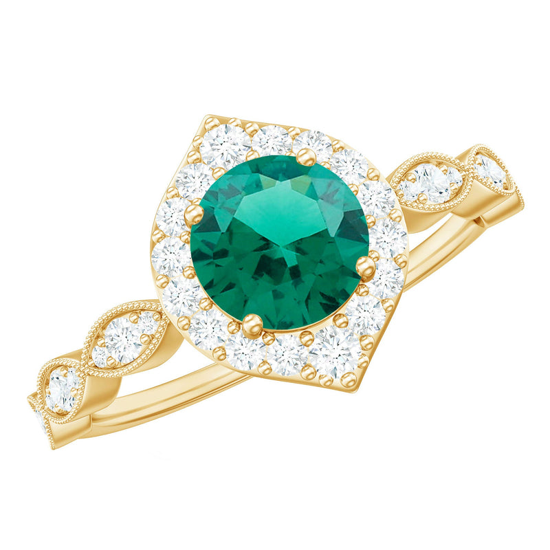 Lab Created Emerald Vintage Style Engagement Ring With Diamonds