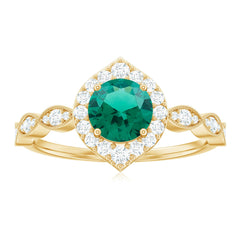 Lab Created Emerald Vintage Style Engagement Ring With Diamonds