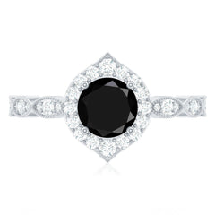 Vintage Black Spinel Engagement Ring with Diamond Halo