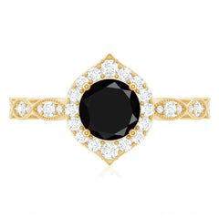 Vintage Black Spinel Engagement Ring with Diamond Halo
