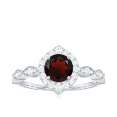 Vintage Looking Garnet Engagement Ring with Diamond Halo