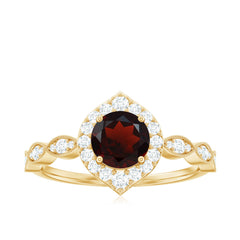 Vintage Looking Garnet Engagement Ring with Diamond Halo