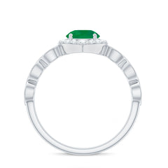 Natural Emerald Vintage Looking Engagement Ring with Diamond Halo