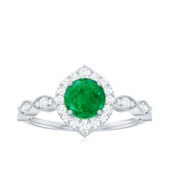 Natural Emerald Vintage Looking Engagement Ring with Diamond Halo