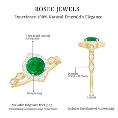 Natural Emerald Vintage Looking Engagement Ring with Diamond Halo