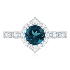 London Blue Topaz Vintage Halo Engagement Ring with Diamond