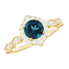 London Blue Topaz Vintage Halo Engagement Ring with Diamond