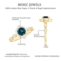 London Blue Topaz Vintage Halo Engagement Ring with Diamond