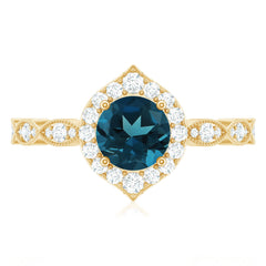 London Blue Topaz Vintage Halo Engagement Ring with Diamond