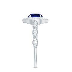 Vintage Inspired 1 Carat Lab Grown Blue Sapphire Engagement Ring with Diamond Halo