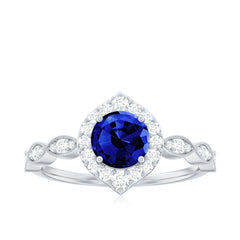 Vintage Inspired 1 Carat Lab Grown Blue Sapphire Engagement Ring with Diamond Halo