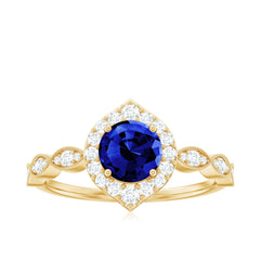 Vintage Inspired 1 Carat Lab Grown Blue Sapphire Engagement Ring with Diamond Halo