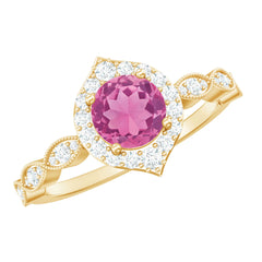 Genuine Pink Tourmaline Vintage Engagement Ring with Diamond