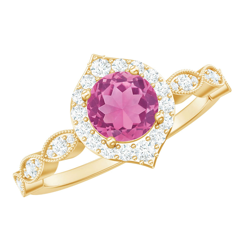 Genuine Pink Tourmaline Vintage Engagement Ring with Diamond