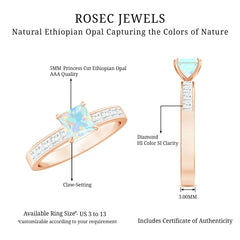 Certified Real Ethiopian Opal Princess Cut Engagement Ring with Diamond