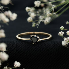 Natural Black Spinel Heart Promise Ring in East West Style