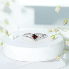 Certified Real Garnet Heart Promise Ring with Diamond Halo