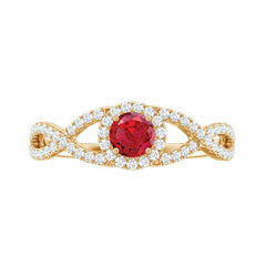 Criss Cross Shank Created Ruby and Diamond Halo Engagement Ring