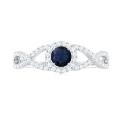Criss Cross Shank Blue Sapphire and Diamond Halo Engagement Ring