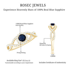 Criss Cross Shank Blue Sapphire and Diamond Halo Engagement Ring