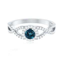 London Blue Topaz Crossover Engagement Ring with Diamond Halo