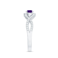Round Amethyst and Diamond Criss Cross Engagement Ring