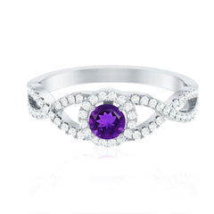 Round Amethyst and Diamond Criss Cross Engagement Ring