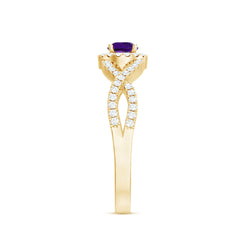 Round Amethyst and Diamond Criss Cross Engagement Ring