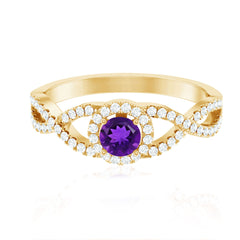 Round Amethyst and Diamond Criss Cross Engagement Ring