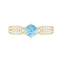 Real Aquamarine Elegant Engagement Ring with Diamond Side Stones