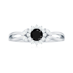 Split Shank Created Black Diamond Flower Ring with Diamond Accent