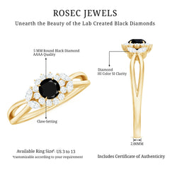 Split Shank Created Black Diamond Flower Ring with Diamond Accent