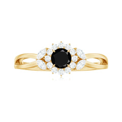 Split Shank Created Black Diamond Flower Ring with Diamond Accent