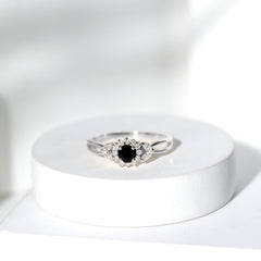 Natural Black Onyx and Diamond Floral Engagement Ring