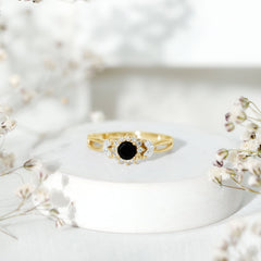 Natural Black Onyx and Diamond Floral Engagement Ring