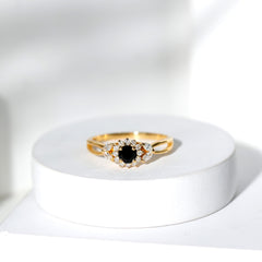 Natural Black Onyx and Diamond Floral Engagement Ring