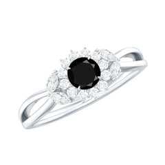 Nature Inspired Black Spinel Flower Engagement Ring with Diamond