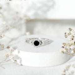 Nature Inspired Black Spinel Flower Engagement Ring with Diamond