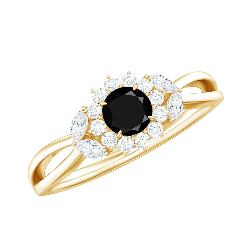Nature Inspired Black Spinel Flower Engagement Ring with Diamond