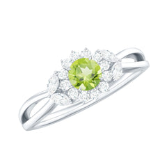 Natural 0.5 Carat Peridot Flower Engagement Ring with Diamond